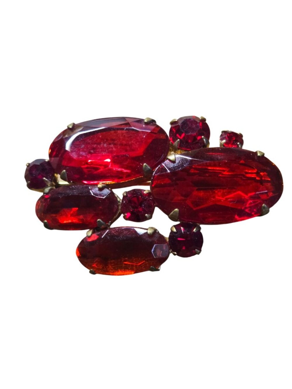 Vintage Mid Century 1960 Red Glass Cluster Brooch 2" Stunning Unique Cherry Red